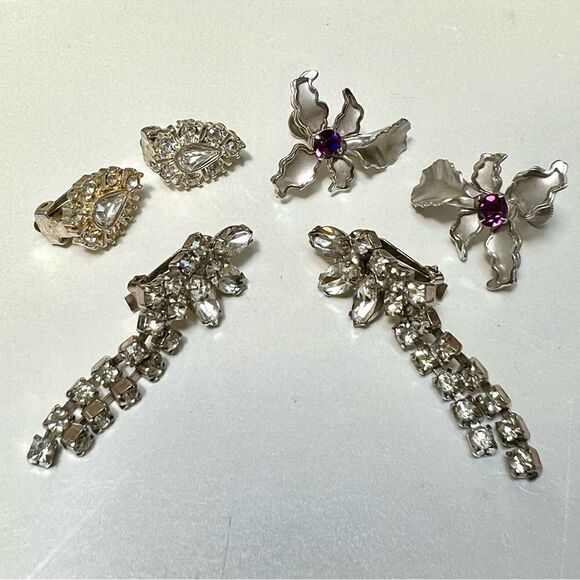 3 Piece Lot Vintage 1950s / 1960s Gorgeous Rhinestone Silver Clip Earrings - Picture 4 of 9